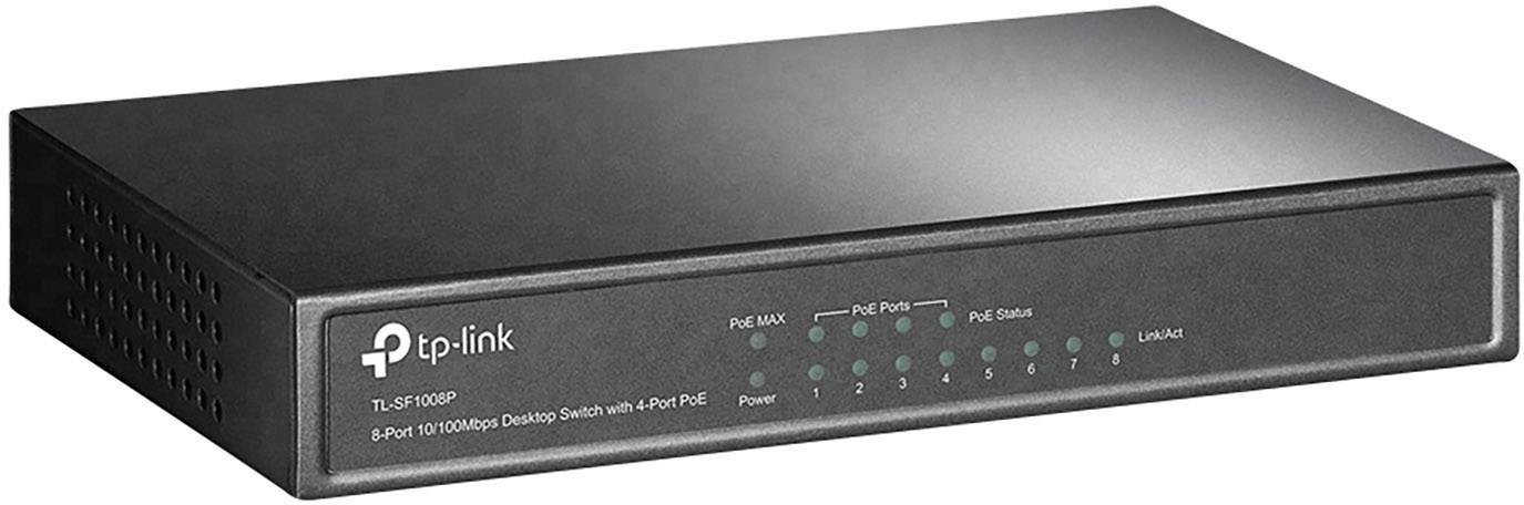 Crni TP-Link 8-portni desktop switch s LED indikatorima za prikaz statusa napajanja i aktivnosti porta. Model: TL-SF1008P.