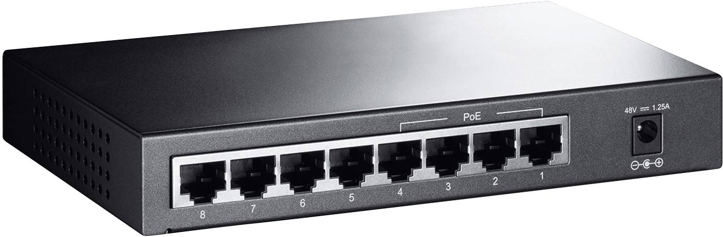 Crni mrežni switch s osam Ethernet priključaka, numeriranih od 1 do 8. Desno se nalazi priključak za napajanje.