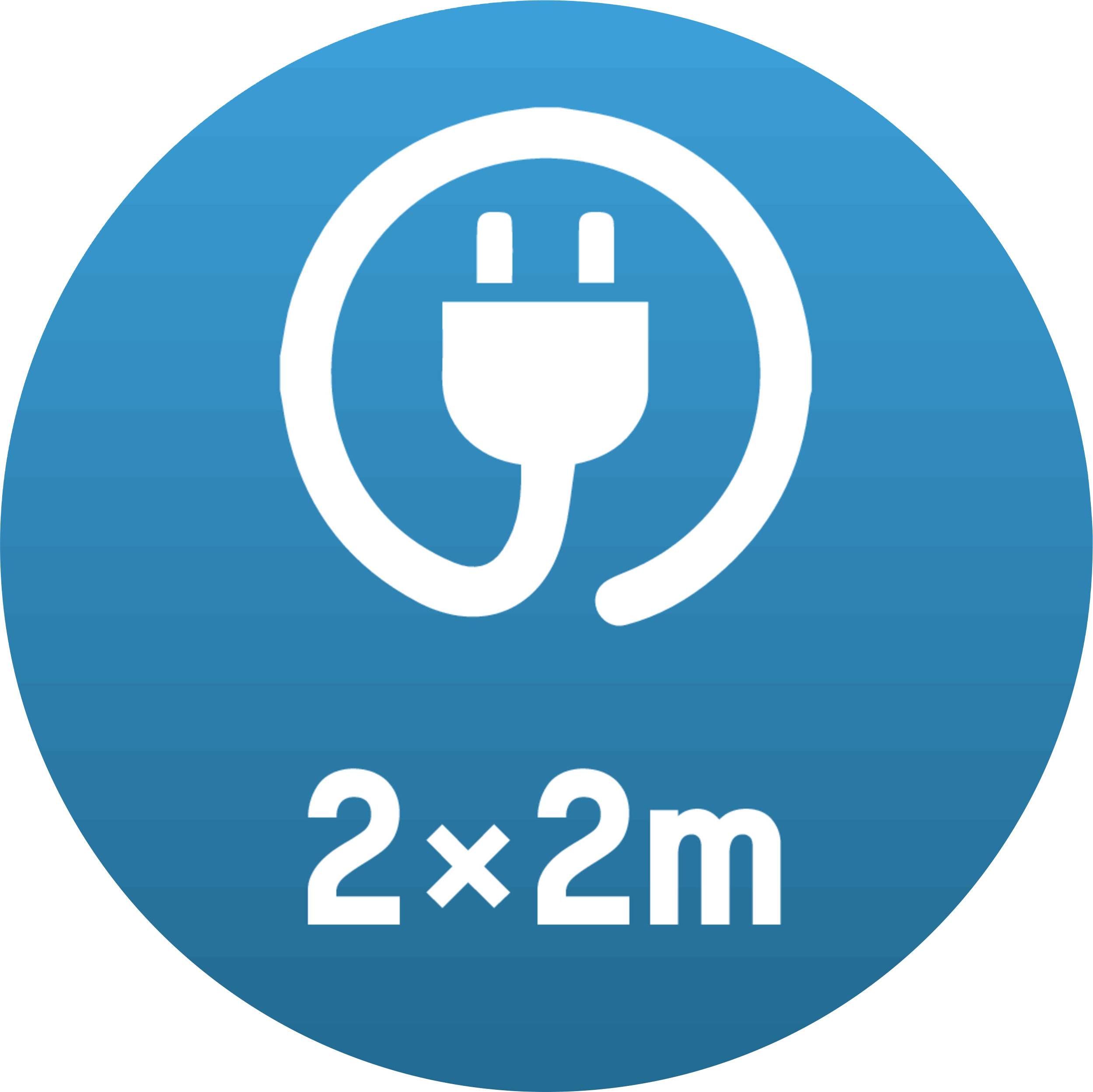 Simbol utikača električne struje s oznakom '2x2m' ispod njega. Prikaz na plavoj, kružnoj pozadini.