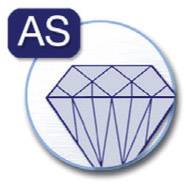 Stilizirana dijamantna forma unutar kruga, iznad koje se nalazi skraćenica 'AS'.