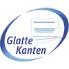Logo s tekstom 'Glatte Kanten', prikazuje stilizirana, preklopljenjena papira s plavim linijama, okružena plavim ovalem.