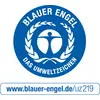 Okrugli logotip s natpisom 'Plavi anđeo - Oznaka za okoliš' prikazuje stiliziranu figuricu u plavoj boji s vijencem lovora.