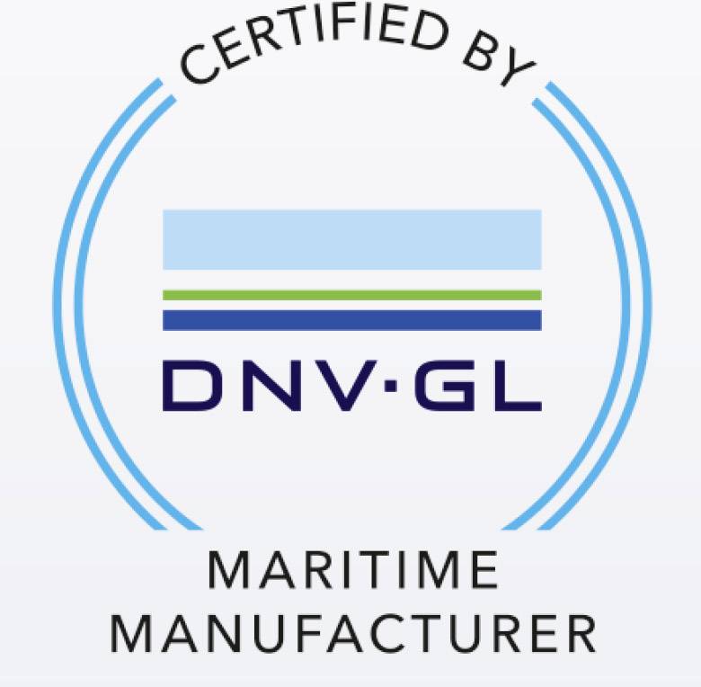 "Certificirano od DNV GL Maritime Manufacturer" stoji u krugu. DNV GL logotip je u sredini.
