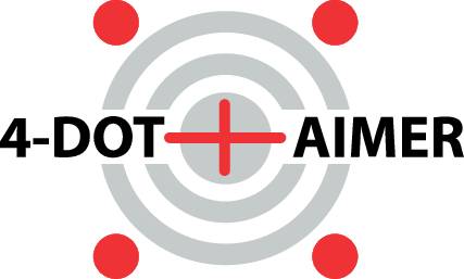 Logo s tekstom '4-DOT AIMER' iznad nišana. Četiri plave točke okružuju križ na uglovima.