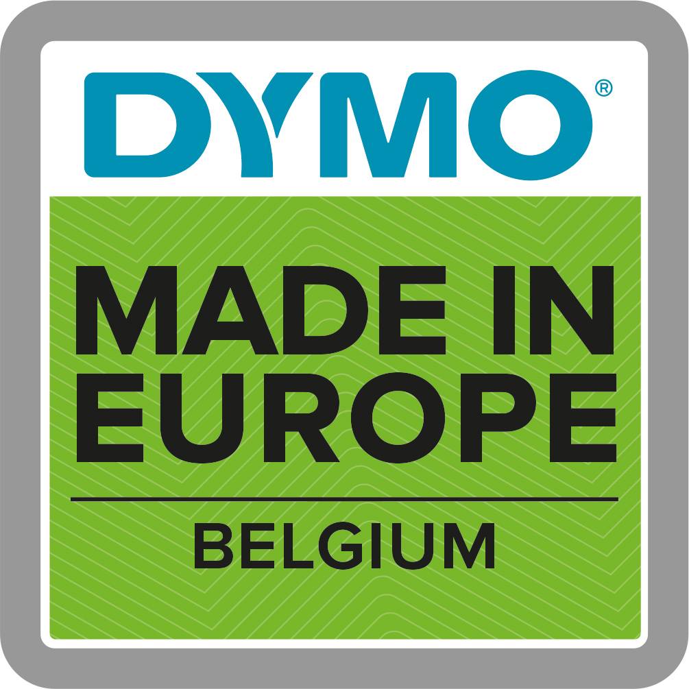 Na naljepnici piše 'DYMO', 'MADE IN EUROPE' i 'BELGIUM' na zelenom pozadini s sivim rubom.