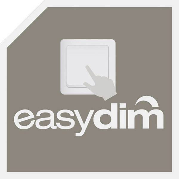Logo tvrtke easydim sa stiliziranim prekidačem za svjetlo i strelicom koja na njega pokazuje, simbolizira jednostavno upravljanje rasvjetom.