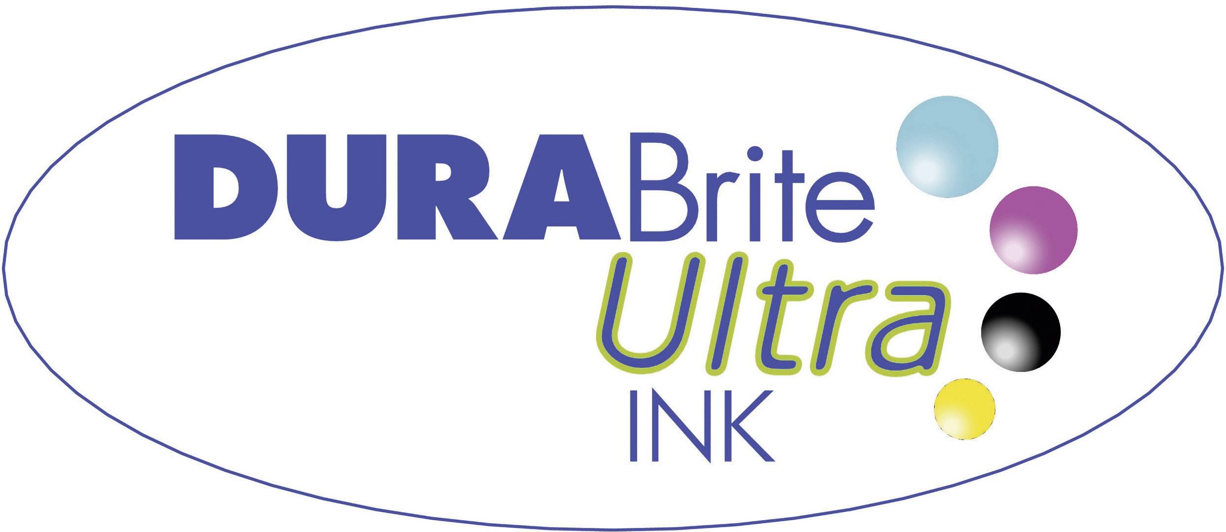 'Logo DuraBrite Ultra Tinte. Plavi, zeleni, ružičasti, crni i žuti krugovi simboliziraju boje tinte i kvalitetu tiska.'