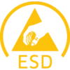 Žuti ESD simbol s rukom koja drži trokut kako bi se označili ESD zaštićeni prostori ili uređaji.