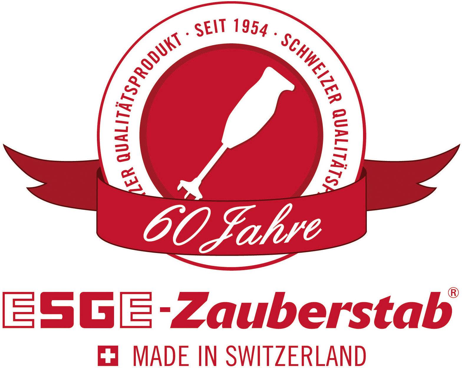 '60 godina ESGE-Čarobnog štapa, švicarski kvalitetni proizvod od 1954., Napravljeno u Švicarskoj' u crvenoj boji, logo miksera gore.