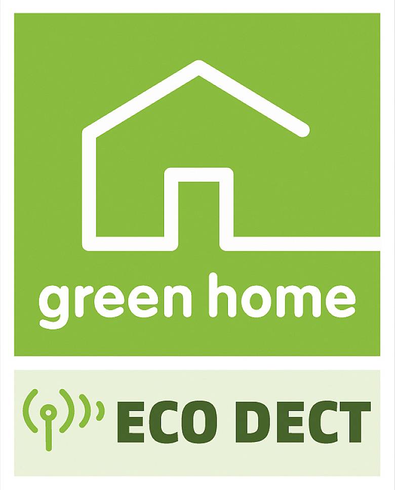 Zeleni logotip s jednostavnim obrisom kuće. Tekst: 'green home' i ispod toga 'ECO DECT' sa simbolom radio signala. Tema: Ekološko stanovanje.