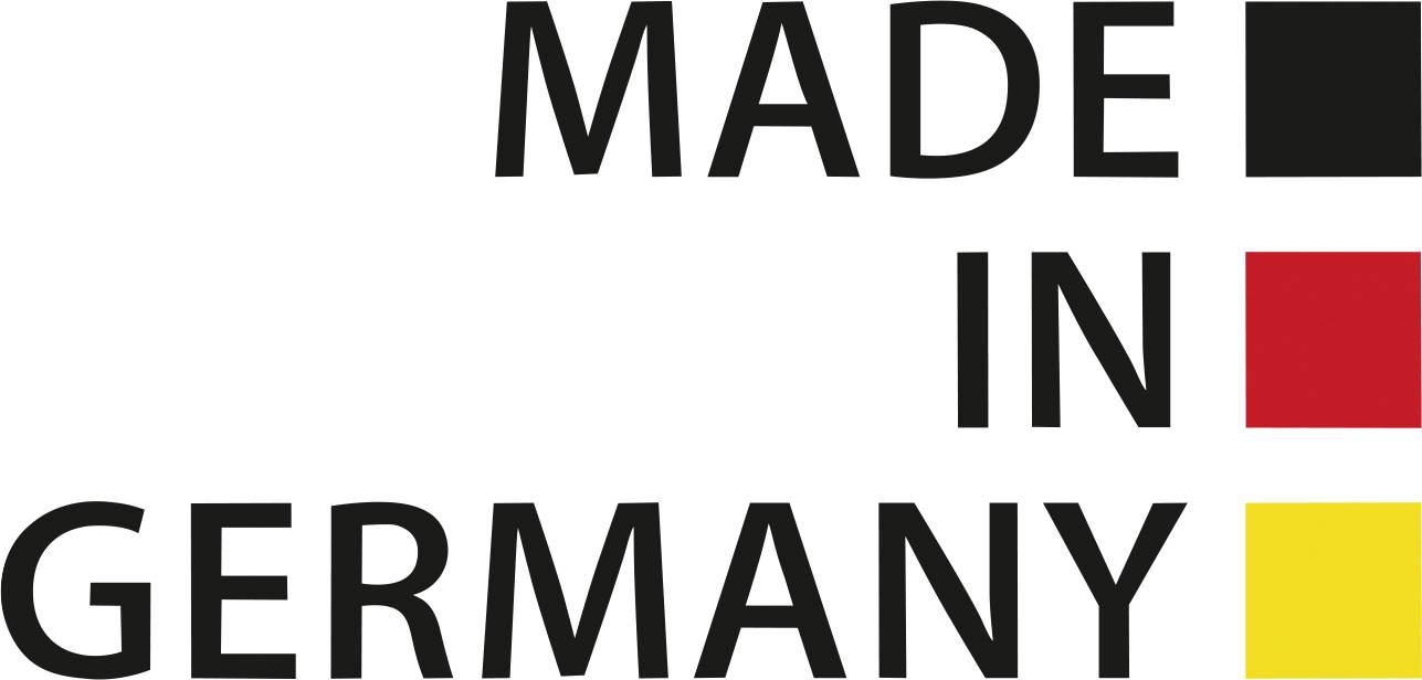 Natpis 'MADE IN GERMANY' pored tri vertikalne pravokutnika u crnoj, crvenoj i zlatnoj boji, simbolizira njemačko podrijetlo.