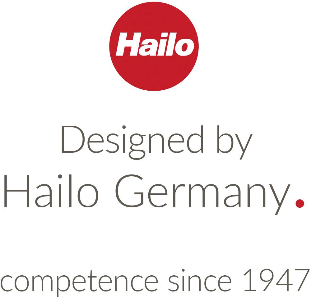 'Dizajnirano u Hailo Njemačkoj. Stručnost od 1947.' Tekstualni logo s crvenim, okruglim Hailo logotipom gore.