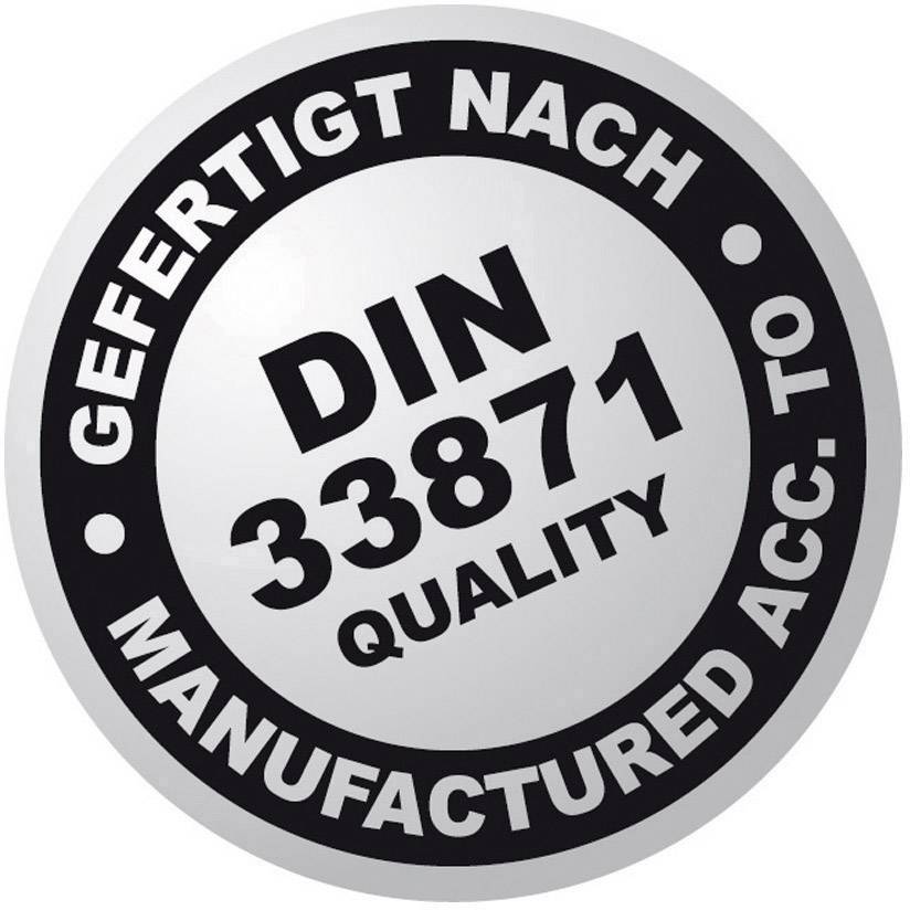 Okrugli naljepnica s natpisom: 'Izrađeno prema DIN 33871, Quality, Manufactured acc. to', ukazuje na standard kvalitete.