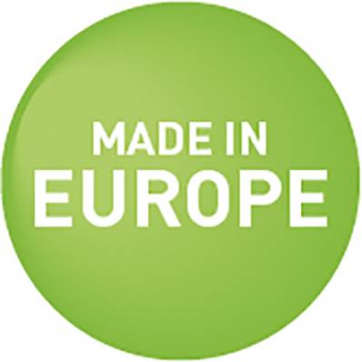 Zeleni krug s bijelim tekstom 'Made in Europe', simbolizira europsko podrijetlo proizvoda.