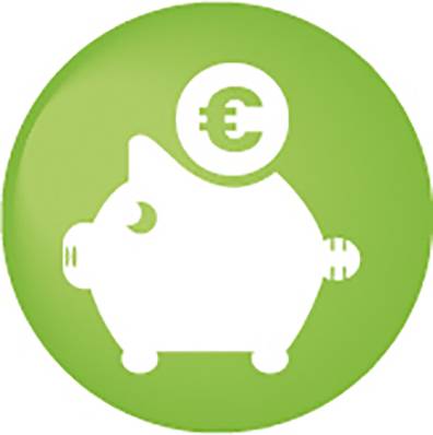 Bijela kasica u obliku praseta s oznakom eura gore, na zelenoj pozadini. Simbolizira štednju ili financijska pitanja.