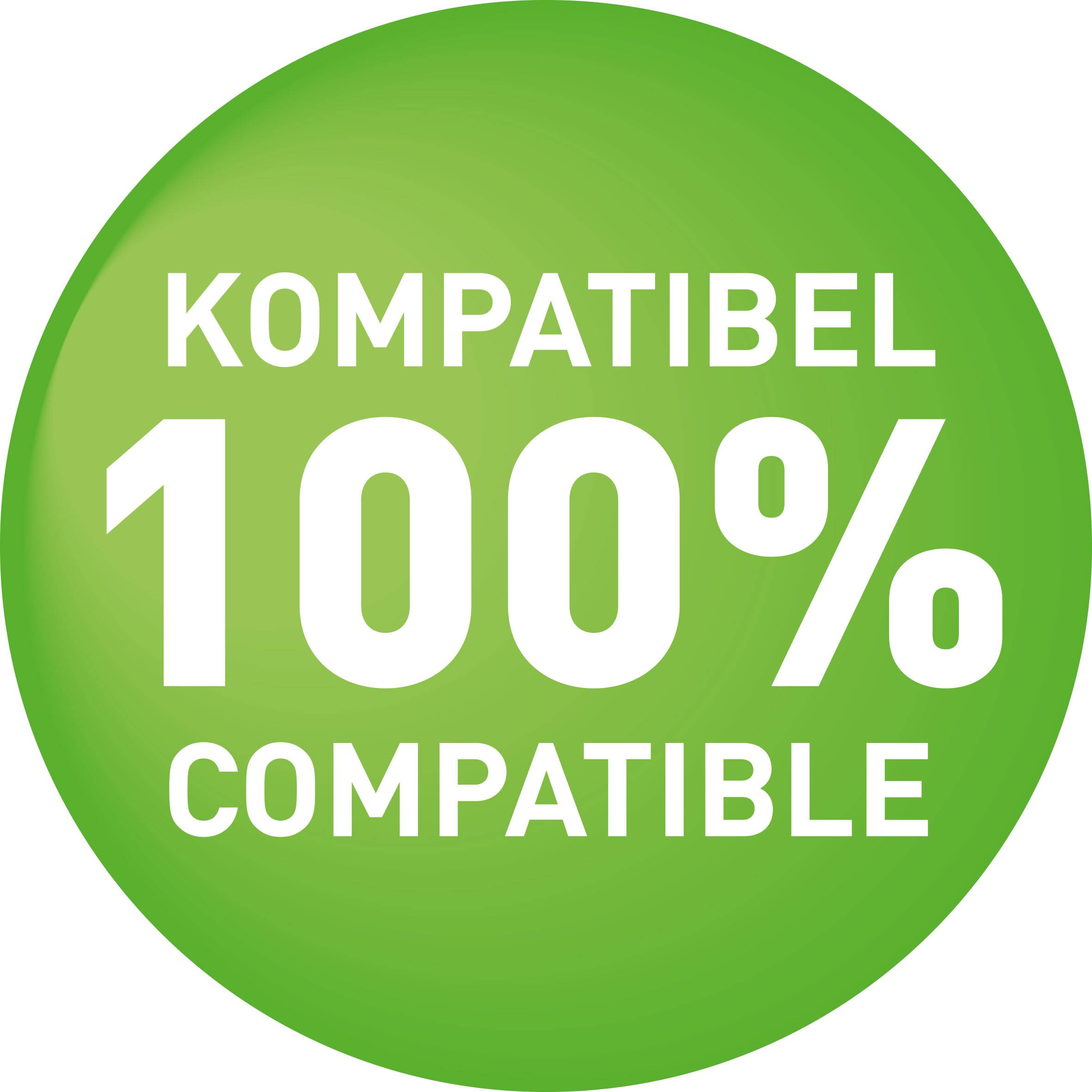 Zeleni krug s natpisom '100% kompatibilno' u bijeloj boji.