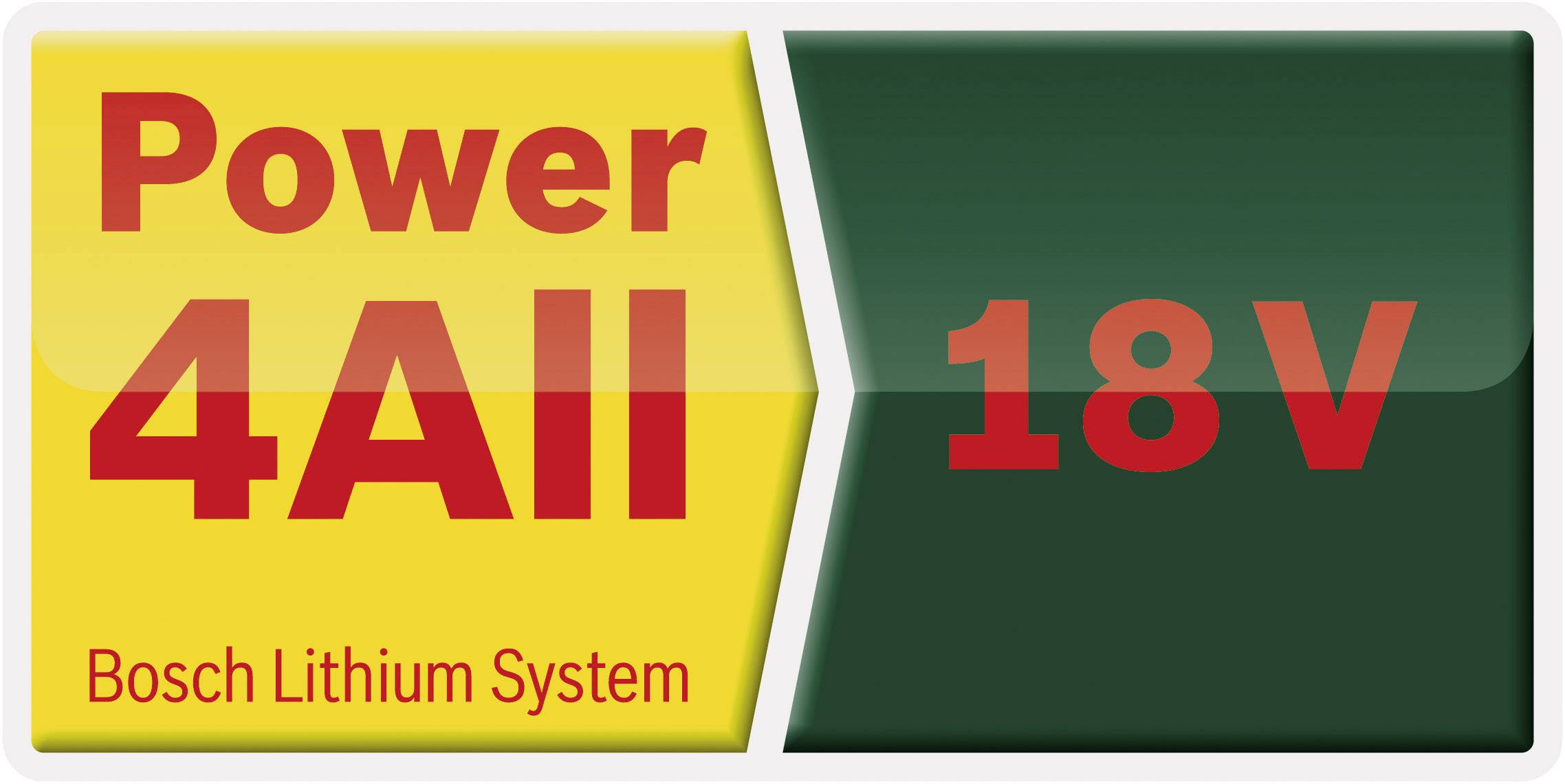 Logo 'Power 4All 18V Bosch Lithium System', žuta i zelena pozadina.