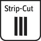 Natpis 'Strip-Cut' s tri okomite trake ispod. Simbolizira vrstu rezanja papira na trake.