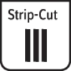Natpis 'Strip-Cut' s tri okomite trake ispod. Simbolizira vrstu rezanja papira na trake.