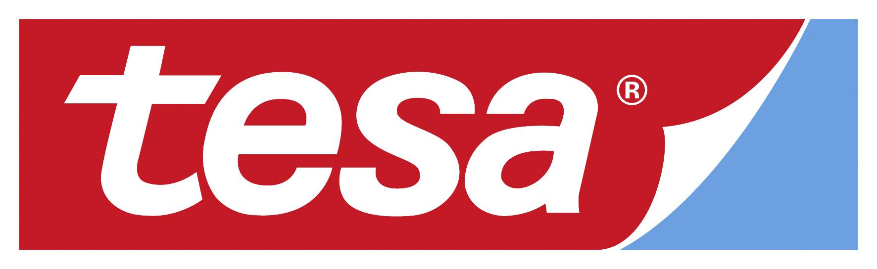 Logo marke 'tesa', crvena pozadina s bijelim natpisom i plavim klinom u donjem desnom kutu.
