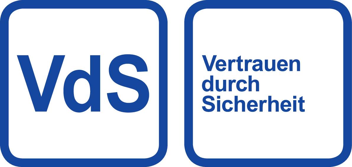 Crni logotip sa zlatnim rubom: Lijevo 'VdS', desno 'Povjerenje kroz sigurnost' zlatnim slovima.