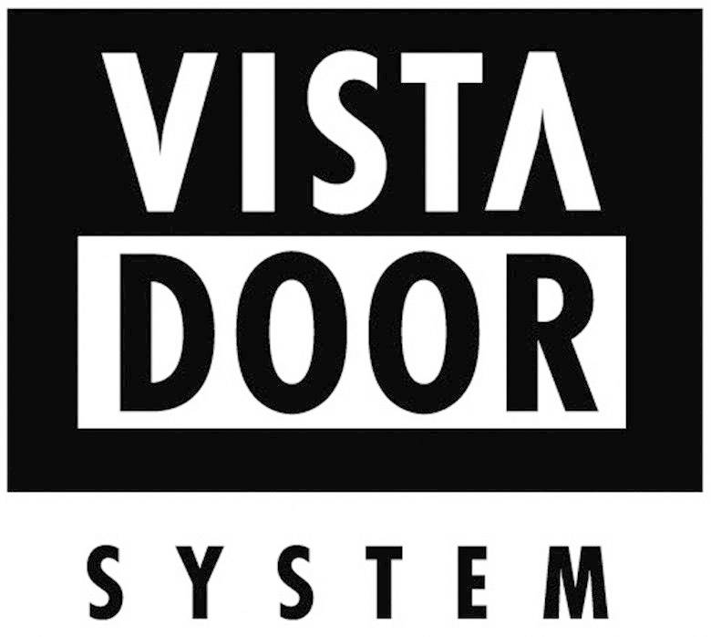'Vista Door System' logotip u crnom i bijelom tekstu, modernog dizajna.