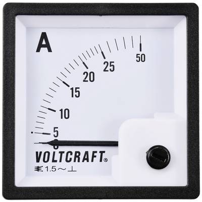 Analóg ampermérő 0-tól 50 ampérig terjedő skálázott számlappal. A 'Voltcraft' márka logója lent látható. A mutató 5 ampéren áll.