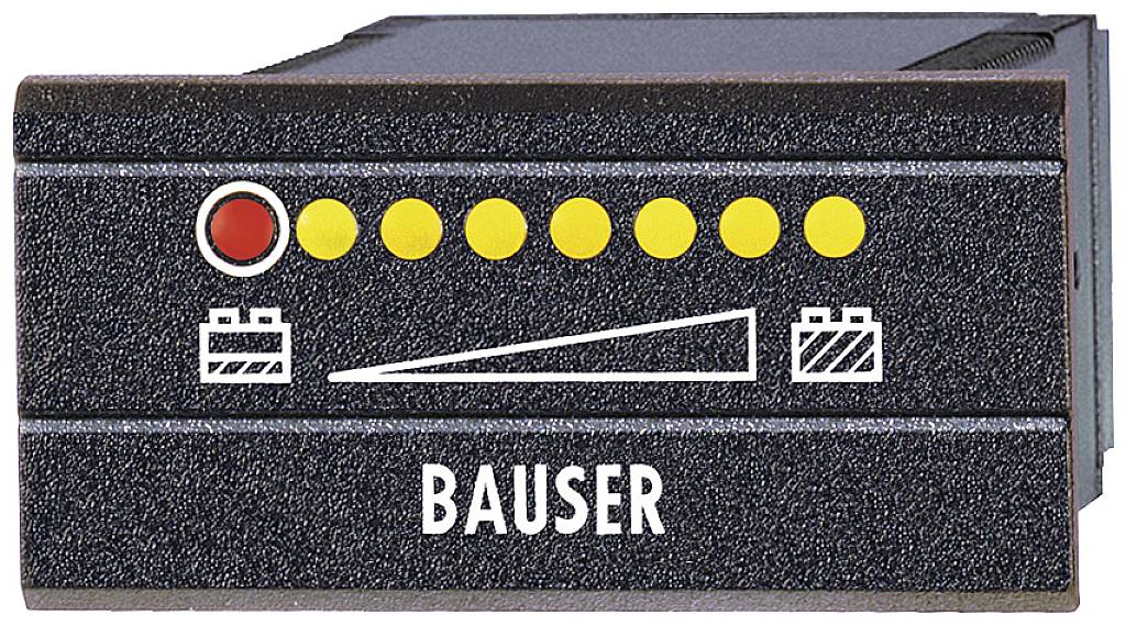 Egy fekete eszköz, amelyen a 'BAUSER' felirat szerepel, hét sárga és egy piros jelző mutatja az akkumulátor állapotát.