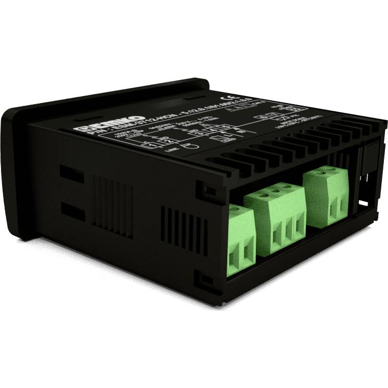 Egy fekete elektronikus eszköz, amely ipari alkalmazásokban folyamatok vezérlésére szolgál. Zöld csatlakozó kapcsokkal rendelkezik.