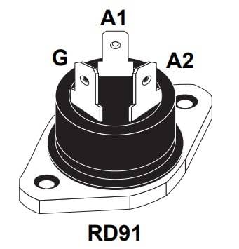 Triak, RD-91, I(GT) max. 50 mA, I(T) RMS 40 A, U(DRM) 600 V, STMicroelectronics BTA40-600B