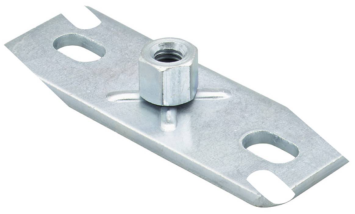 Fémből készült fali tartókonzol, központi hatszögletű anyával és két ovális lyukkal a végein.