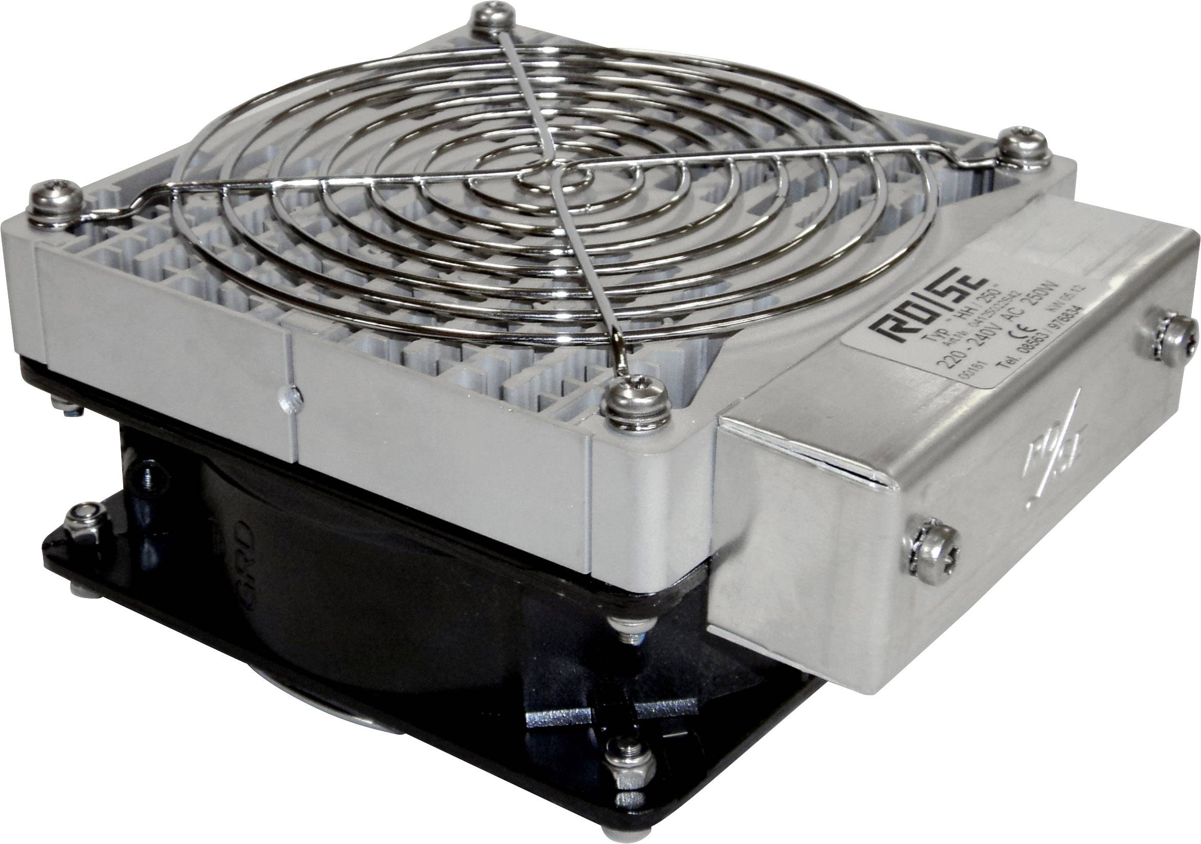 Egy fémhűtő ventilátor ráccsal, fekete talapzattal és szürke alumínium bordázattal; az oldalán 'ROSE' felirattal.