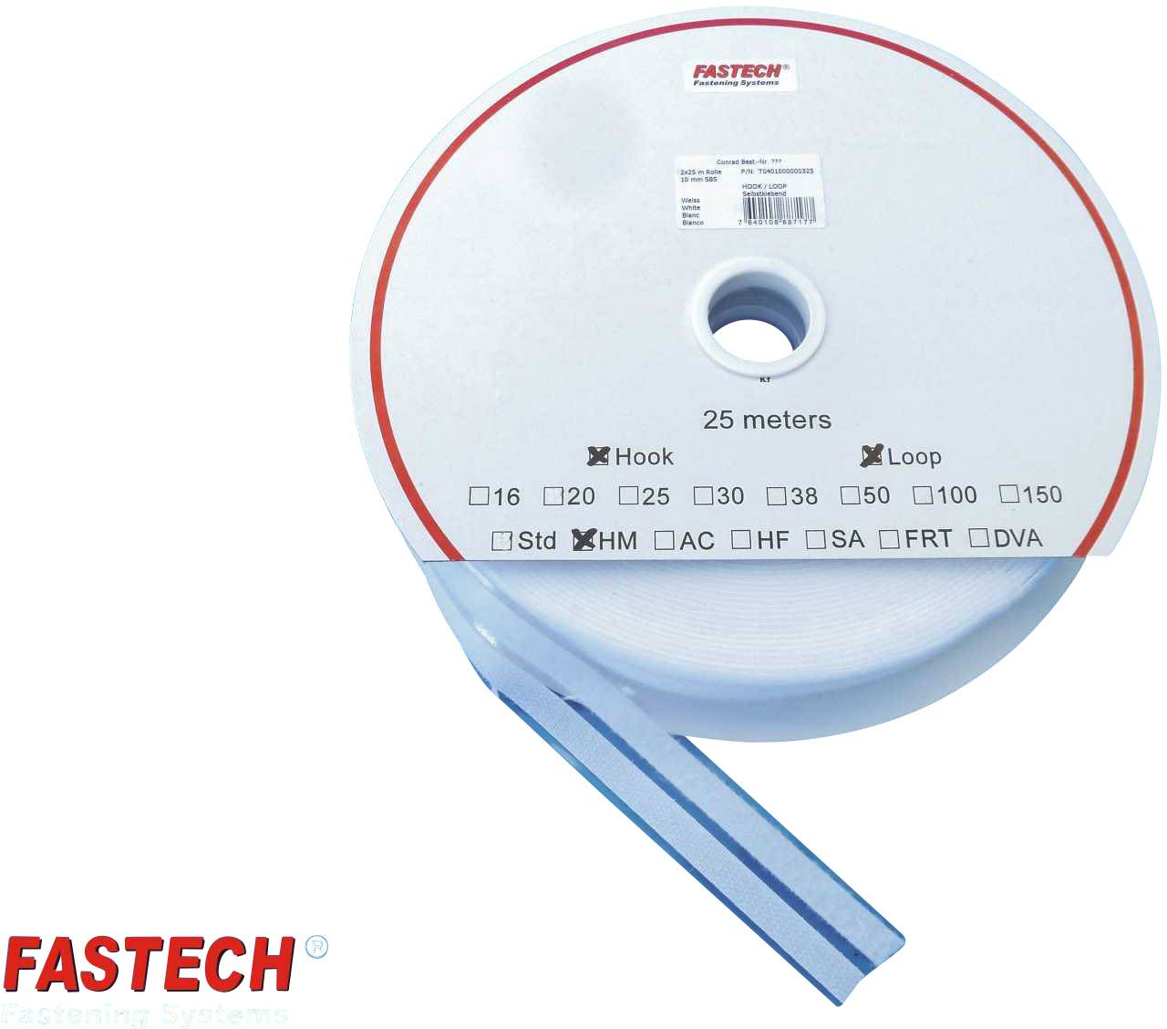 Öntapadó tépőzár szalag, 25 m x 10 mm, fehér, Fastech SBS 1 pár