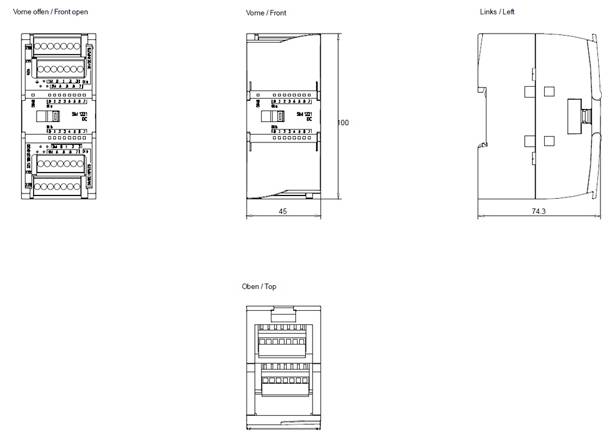 Egy elektromos eszköz diagramja több nézetből: elöl nyitott, elöl zárt, bal oldal és felülnézet. A méretek 100 x 65 x 74,3.