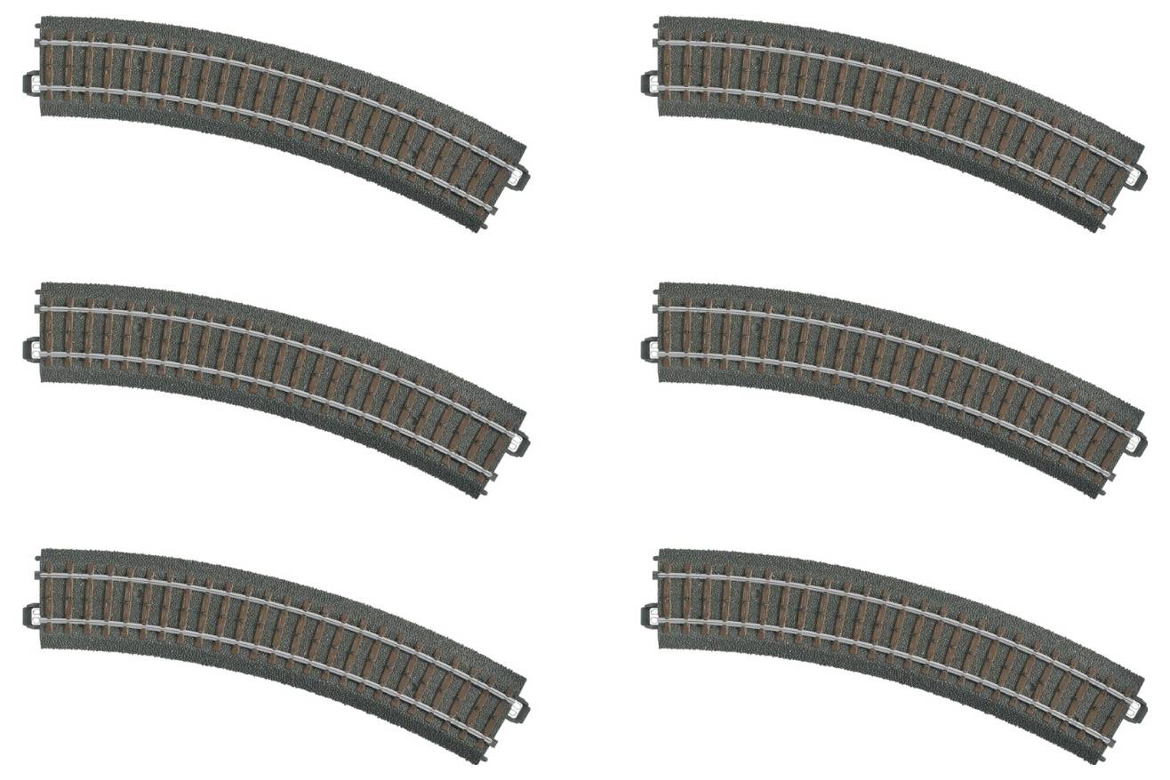Hat modellvasúti sín két sorban, három íves sín felül, három egyenes sín alul, fehér háttérrel.