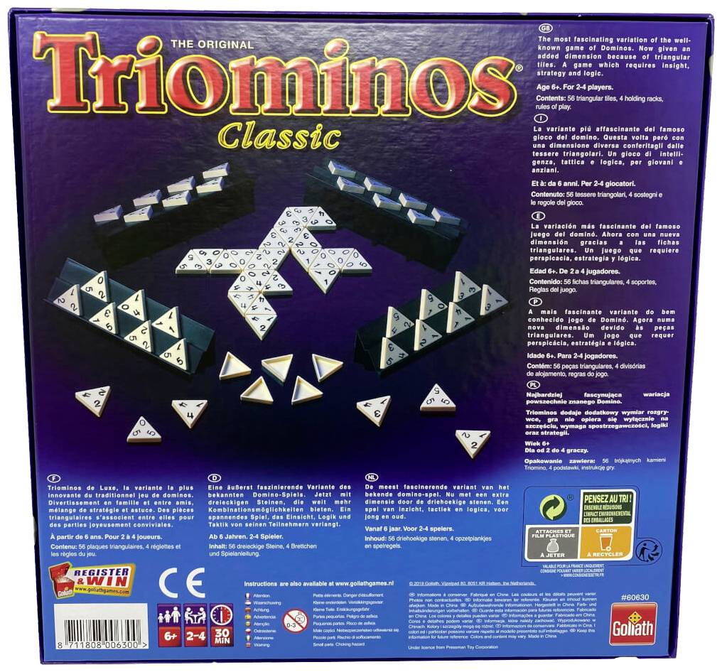 'Triominos Classic' doboz. A kép háromszög alakú játékköveket és a doboz hátoldalán lévő játékinformációkat mutat.