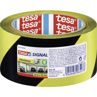 Egy 66 m x 50 mm méretű sárga-fekete figyelmeztető szalag a 'tesa SIGNAL Universal' márkától, autós szimbólumokkal a csomagoláson.