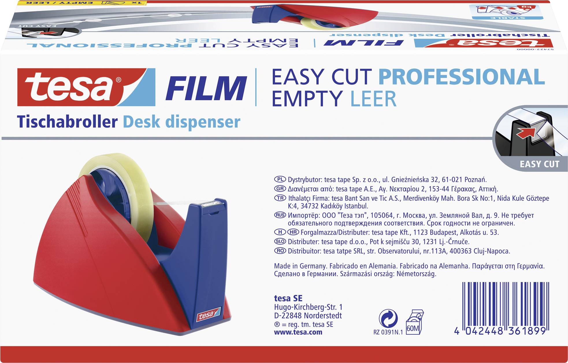 'tesa Film' asztali szalagadagoló. Piros adagolóval és ragasztószalag-tekerccsel ellátott csomag. Szöveg: 'Easy Cut Professional', 'Üres'.