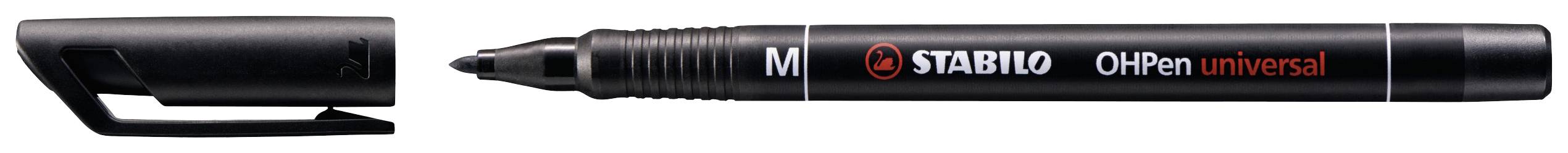 Egy fekete STABILO permanens marker piros 'OH Pen universal' felirattal. A kupak nyitott toll mellett balra fekszik.