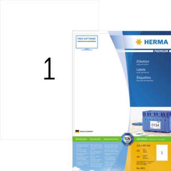 Herma 4631 Univerzális etikett 210 x 297 mm Papír Fehér 200 db Véglegesen tapadó Tintasugaras nyomtató, Lézernyomtató, Színes lézernyomtatás, Másoló, Színes fénymásolás, Kézi feliratozás