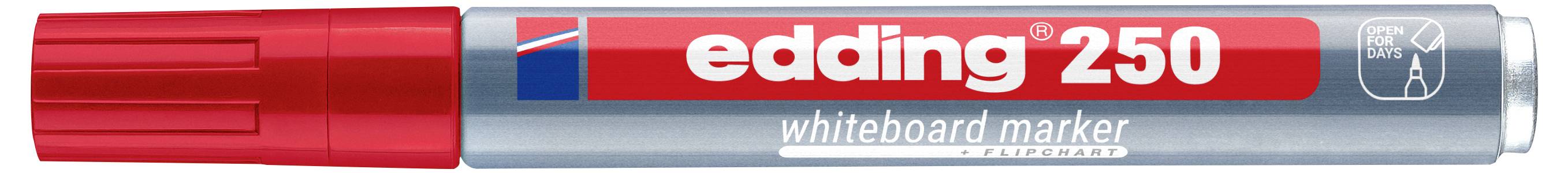Piros Edding 250 táblai marker sapkával és fehér tolltest "edding 250" és "whiteboard marker" felirattal.