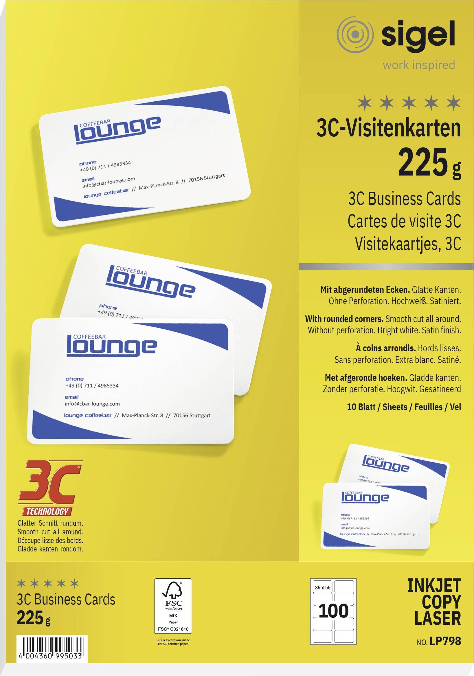 Sigel LP798 Cartes de visite imprimables, bords lisses 85 x 55 mm très blanc 100 pc(s) Format du papier: DIN A4