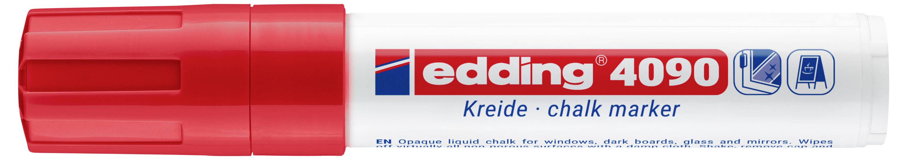 Piros Edding 4090 krétajelölő piros sapkával fehér hordón, fehér háttéren vízszintesen bemutatva.