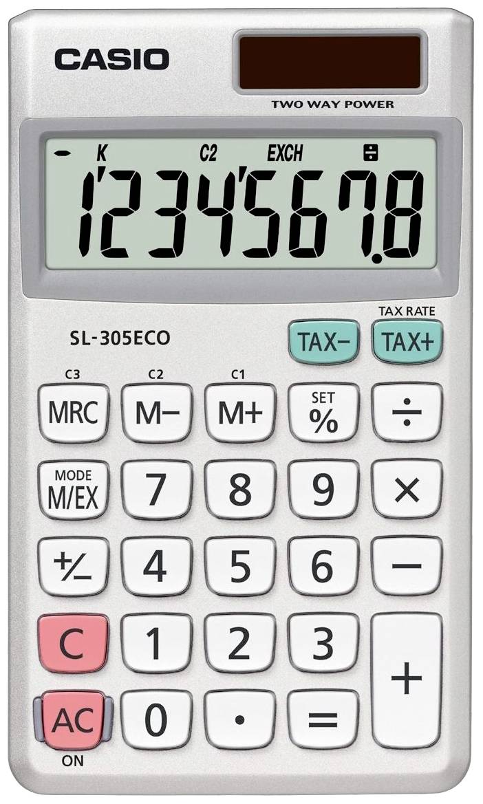Egy ezüstszínű Casio zsebszámológép nagy kijelzővel, amelyen a '12345678' szám látható. Gombok találhatók rajta az alapvető számolási műveletekhez.