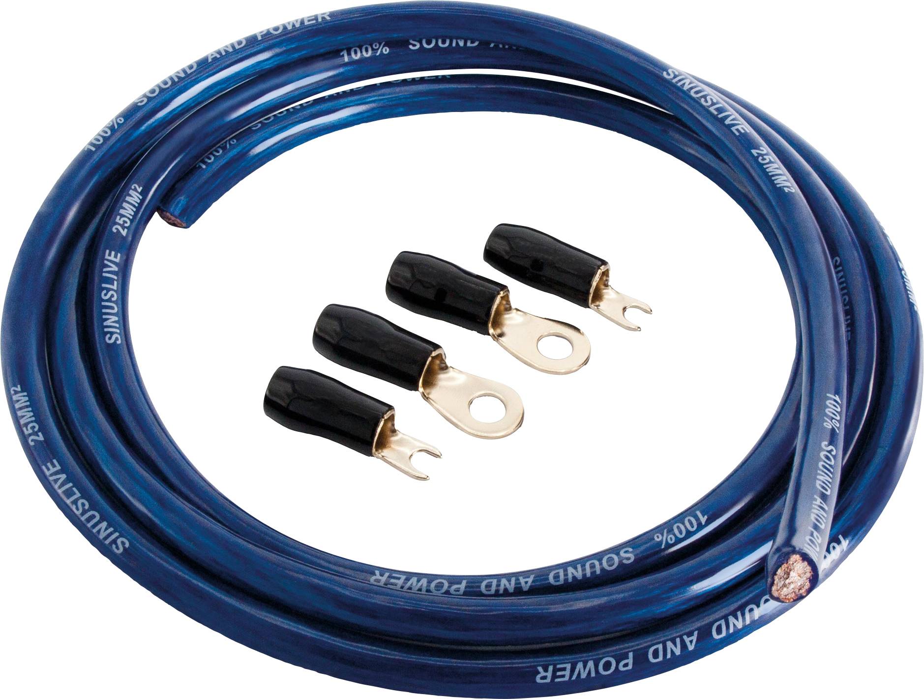 Kék hangszórókábel három fekete és egy arany csatlakozókapoccsal, alkalmas audio- és áramvezetéki csatlakozásokhoz.