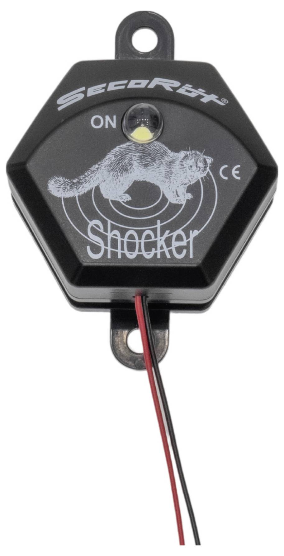 Hatszögletű eszköz, amelyet „SecoRüt Shocker" felirat jelöl, macska illusztrációval, fénykijelzővel, piros és fekete vezetékekkel alatta, CE jelöléssel a jobb oldalon.