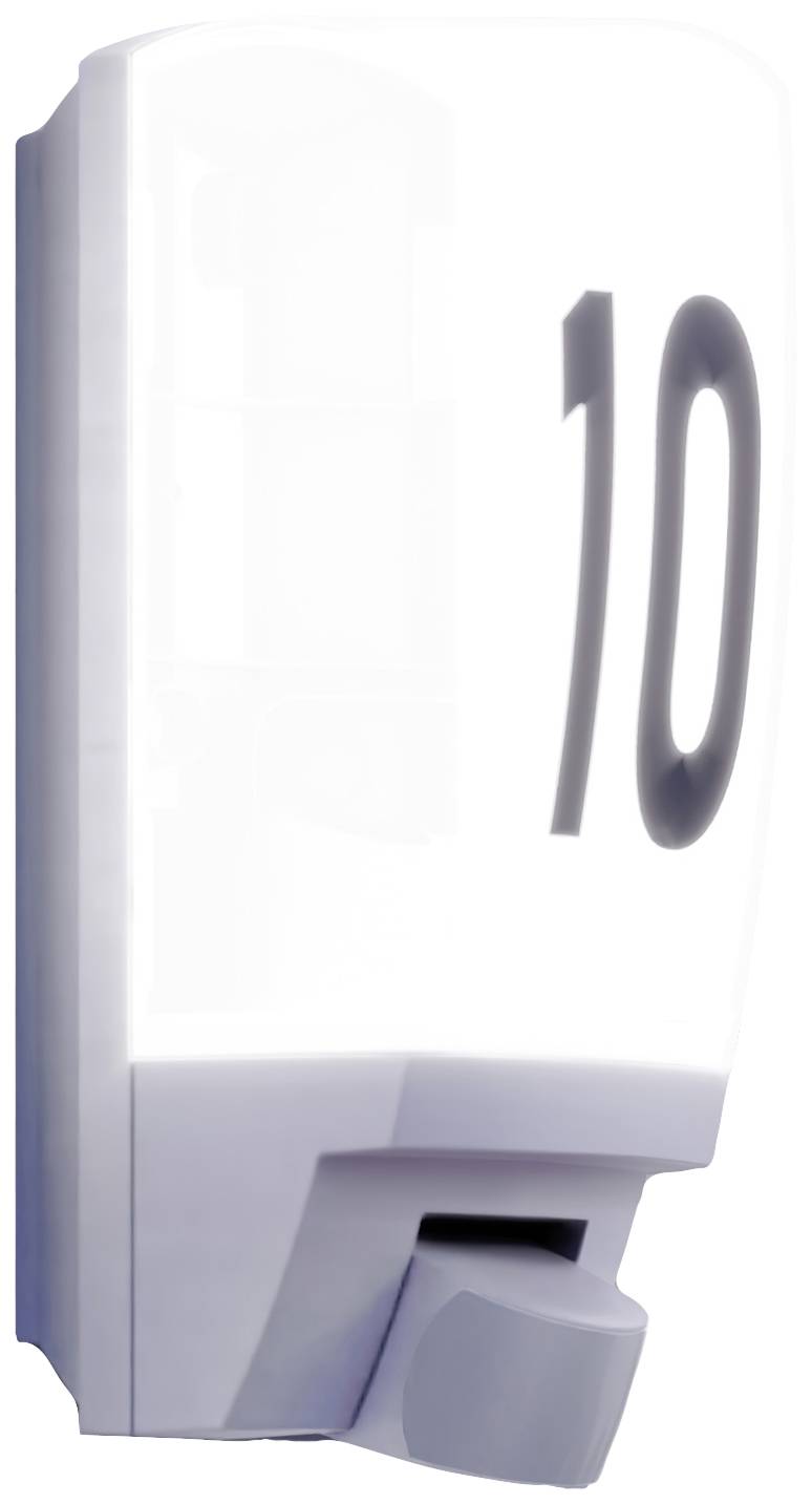 Automatikus szappanadagoló minimalista dizájnnal és a rajta lévő '10' számmal. Tökéletes higiéniai felhasználásra.