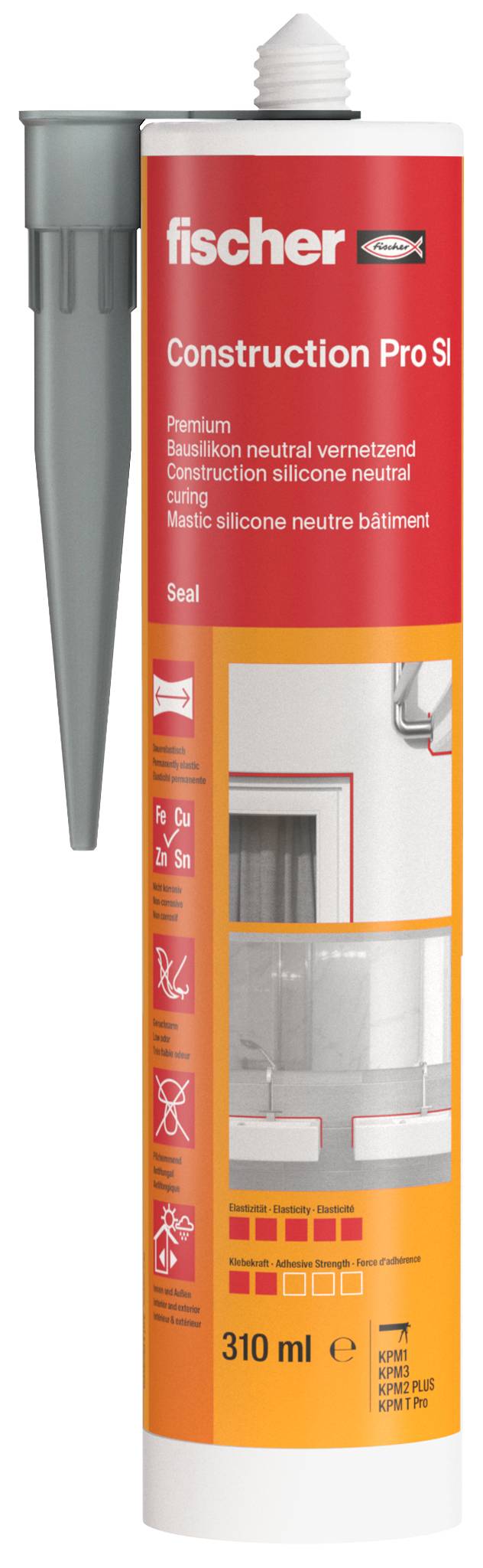 Egy Fischer Construction Pro S tömítőanyag patron beépített szürke aplikátor fúvókával, 310 ml-es felirattal és piros, narancssárga és fehér csomagolásban.