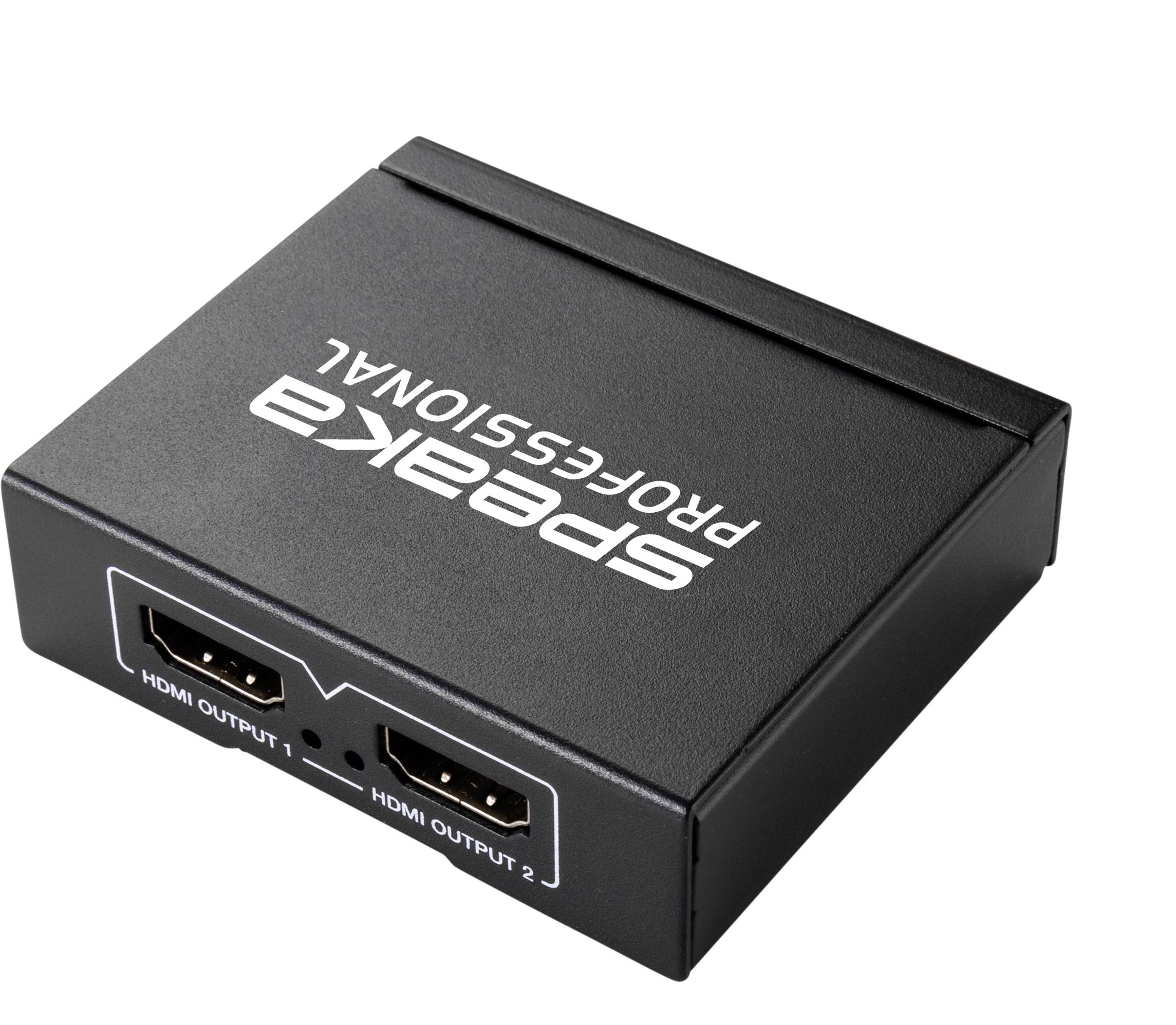 Fekete HDMI-elosztó két HDMI-kimenettel, 'Speaka Professional' jelöléssel. Eszköz videojelek elosztásához.