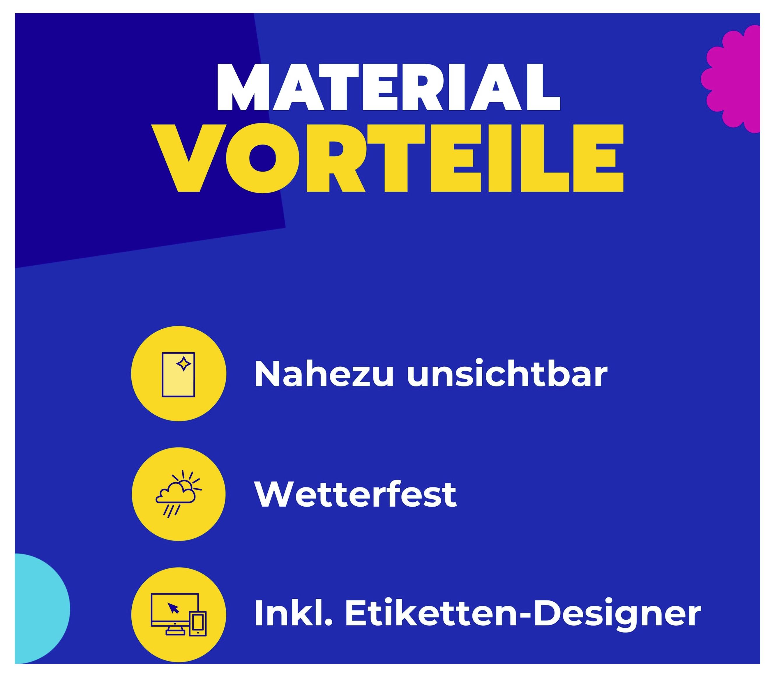 A kép átlátszó címkék leírását mutatja németül, termékpéldákkal és méretadatokkal. Tartalmaz útmutatásokat a címkék tervezéséhez és nyomtatásához, valamint több nyelven írt szöveget.